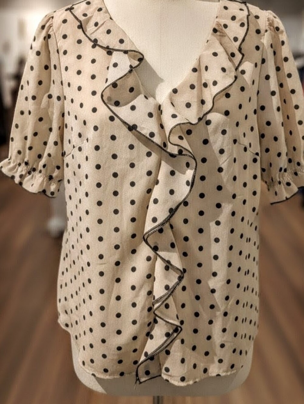 Source Unknown Beige Polka Dot Ruffle Blouse